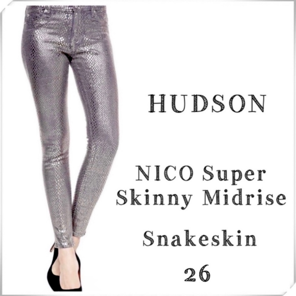 HUDSON Jeans Nico Super Skinny Snakeskin Jeans Metallic Silver Size 26 New